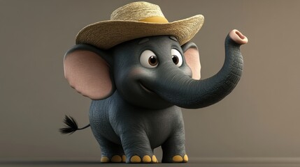 Adorable Cartoon Elephant Wearing a Straw Hat