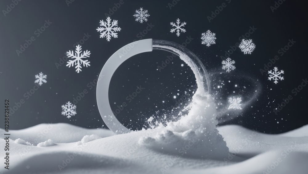 Poster snowy scene with abstract circular shape and floating snowflakes