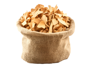 A rustic burlap sack filled with natural wood chips for smoking, providing a visual for culinary enthusiasts and outdoor cooking aficionados, isolated on transparent background, PNG, cut out