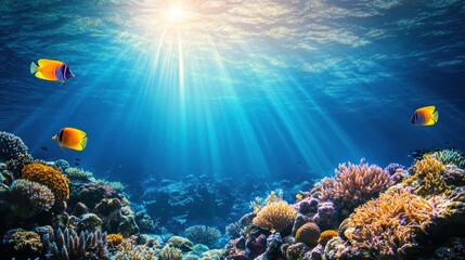 Fototapeta premium Vibrant Coral Reef Scene with Colorful Fish Under Sunlit Water Surface