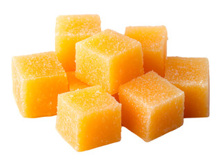 Close-up of juicy and vibrant orange mango cubes arranged in a visually appealing composition perfect for adding a pop of color, isolated on transparent background, PNG, cut out