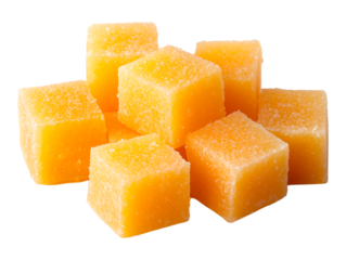 Close-up of juicy and vibrant orange mango cubes arranged in a visually appealing composition perfect for adding a pop of color, isolated on transparent background, PNG, cut out
