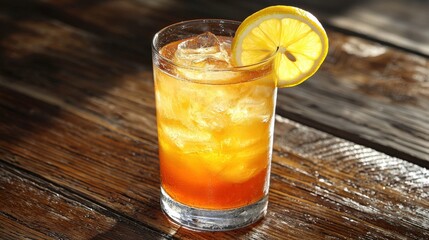 Refreshing iced tea with lemon slice and ice cubes in a clear glass on rustic wooden table