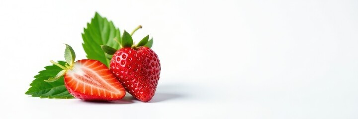 Strawberry with green leaf and stem on white background, strawberry, leafy greens, leaves