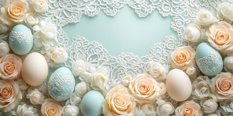 Obraz premium Textured Easter eggs in pastel colors and delicate roses with pearls and bokeh lights on a light background. Elegant, romantic, festive decoration, holiday.