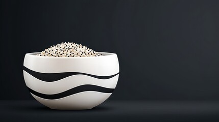 Fototapeta premium White Bowl with Black Waves Filled with Raw Sesame Seeds on a Dark Background