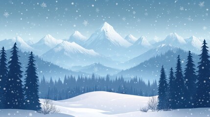 Fototapeta premium Majestic snowy mountains with dense forest and falling snowflakes in a serene winter landscape
