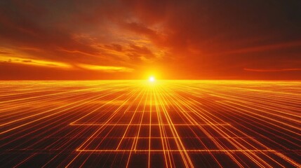 Glowing sunset over futuristic grid with orange sky and distant horizon