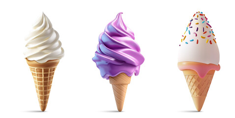 Three ice cream cones showcase various flavors and textures. One features classic vanilla, another vibrant purple, and the last topped with sprinkles, creating a delightful assortment. 3d Vector