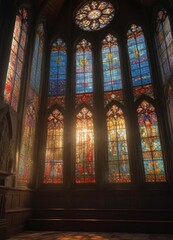 Sunlight filtering through colorful stained glass windows of a historic church, stained glass art, sunlit interior, old church building
