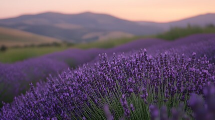 Obraz premium Lavender Field at Sunset Showcasing Tranquil Countryside Landscape