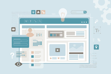 Concept of application development and ui ux design. Different icons and tools on webpage. Develop of interface design for app or web. App customization. Landing page template.