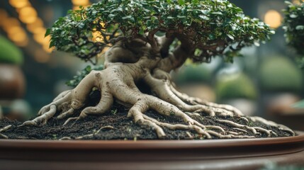Fototapeta premium Close Up of a Lush Green Bonsai Tree in a Brown Pot