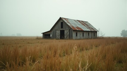 Obraz premium Rustic barn stands alone in a misty field under a pale sky at dawn