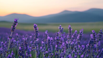 Naklejka premium Lavender Field in Serene Sunset Landscape with Distant Hills