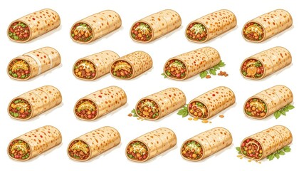 A set of burrito illustrations on a white background