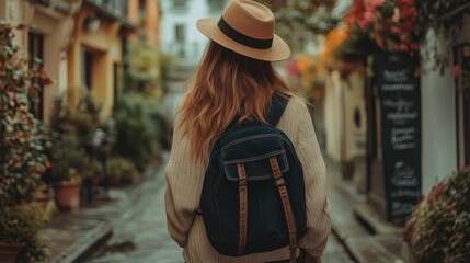 Obraz premium Woman with Backpack Exploring Charming European Alleyway on a Rainy Day