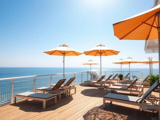 Sunny deck with lounge chairs and umbrellas, leisure activities, outdoor seating