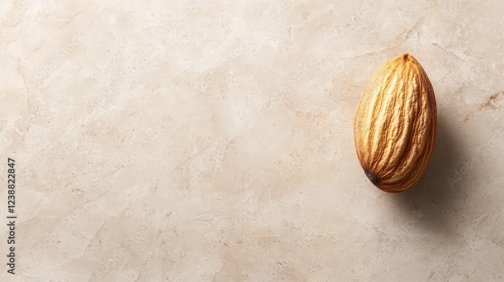 Poster close-up of a single almond on a textured beige background showcasing natural colors and intricate p