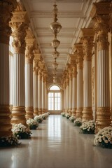 Fototapeta premium A luxurious long corridor of a palace, adorned with giant columns and elegant golden paneling