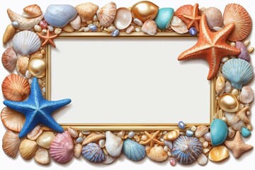 Obraz premium A thin elegant frame decorated with colorful small seashells and starfish