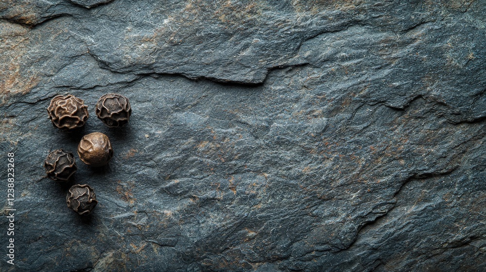 Aufkleber natural stone surface with scattered unique seed pods creating a textured and earthy composition for