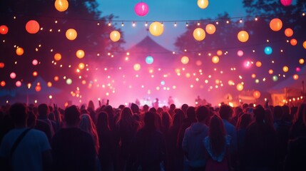 Vibrant night festival with colorful lanterns and crowd enjoying music outdoors
