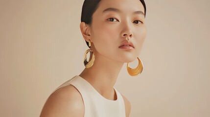 A stylish Asian woman in a sleeveless dress poses gracefully against a soft beige backdrop. Her natural makeup and gold earrings enhance her sophisticated look.  © Saowanee