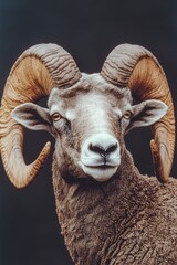 A detailed view of a ram's head with prominent horns