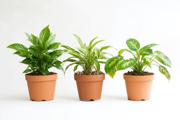 Fototapeta premium Three potted plants on a white background