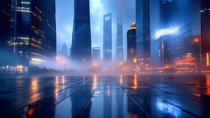 Obraz premium City skyline shines with reflections in the rain during a foggy evening in downtown