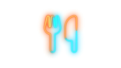Neon utensils sign icon brown cyan color glowing with transparent background