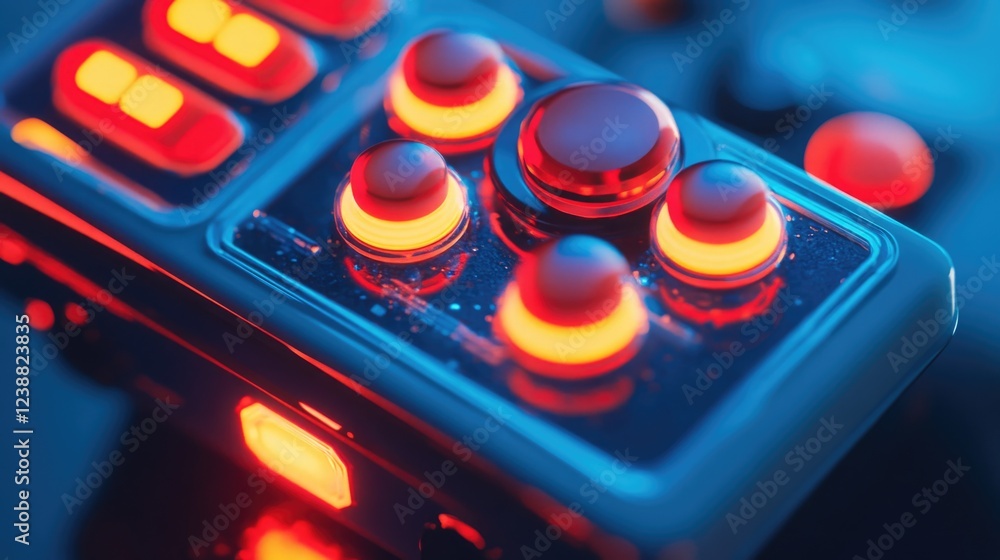 Poster close-up shot of a control panel with red lights, suitable for use in industrial or technological co