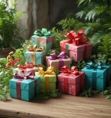 Obraz premium Table centerpiece featuring colorful gift boxes and ribbons amidst lush greenery, lush greenery, earthy tones, natural elements