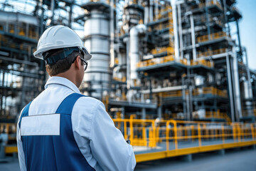 Engineer Overseeing Industrial Plant Operations in Protective Gear