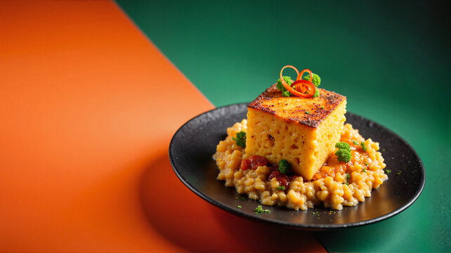 Gourmet mofongo presentation on a vibrant plate, culinary elegance