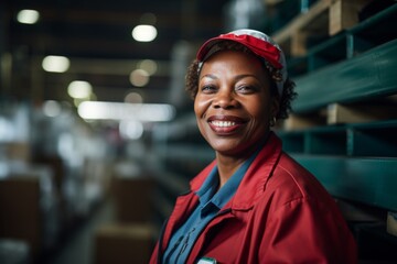 Naklejka premium Portrait of a middle aged joyful African American female warehouse worker