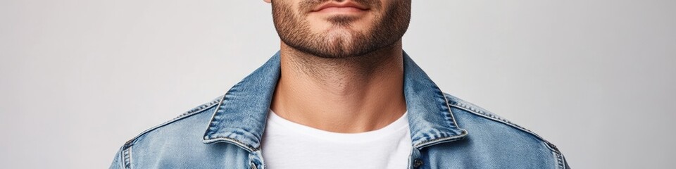 Obraz premium A person wearing a denim jacket and a white t-shirt, casual outfit for everyday use