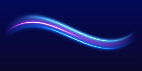 Speed police line. Laser beams, horizontal light rays. Magic shining neon light line trails. Purple glowing wave swirl, impulse cable lines. High speed effect motion blur night lights