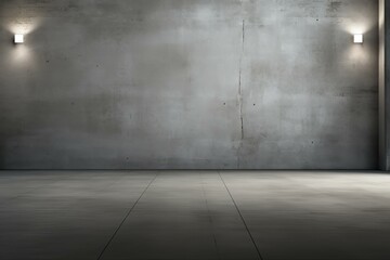 Empty gray concrete room with two lamps illuminating a gray wall