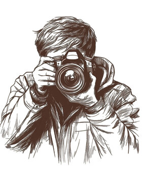 A stylized sketch of a photographer capturing a moment with their camera The dark brown tones and artistic style create a moody atmosphere Perfect for photography blogs or social media
