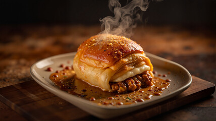 Delicious empadão steaming on rustic plate, culinary delight