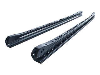 Pair of sleek, dark gray industrial components with intricate detailing, showcasing precision engineering and modern design