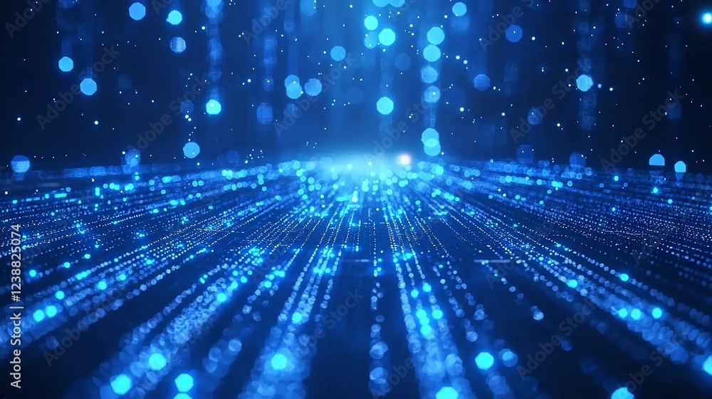 Poster blue particle streams converge, dark background, digital data flow, abstract tech visuals