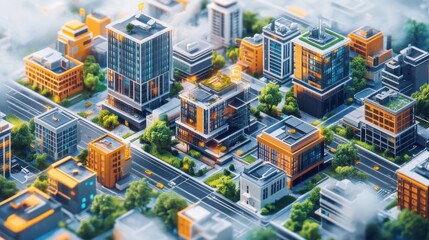 Obraz premium Aerial view of modern urban city with skyscrapers, green parks, and busy streets in morning fog