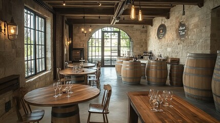 A rustic winery with a tasting room featuring wooden tables and wine glasses. pic