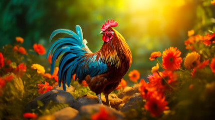 Fototapeta premium Colorful rooster stands proudly in a rustic setting surrounded by vibrant flowers during golden hour