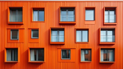 Fototapeta premium Modern orange building facade with symmetrical windows on sunny day