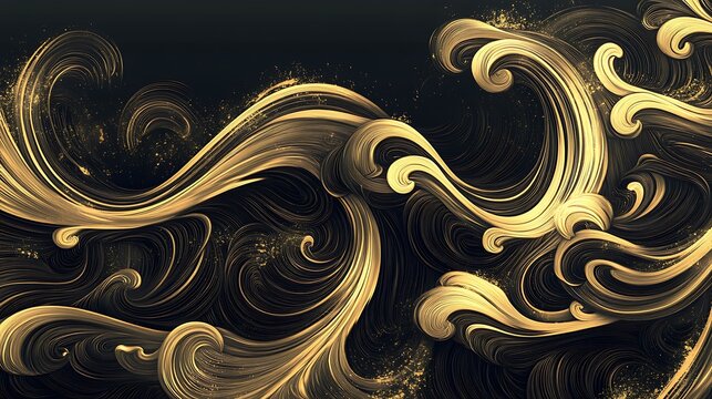Artistic vector waves with elegant swirling patterns in gold.