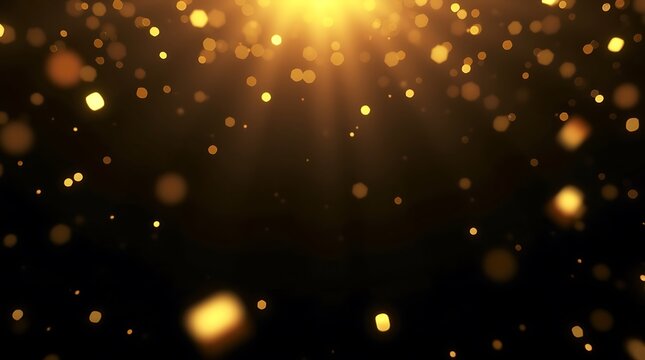 Elegant minimalistic black background with golden confetti and bohek lights. Celebration concept.